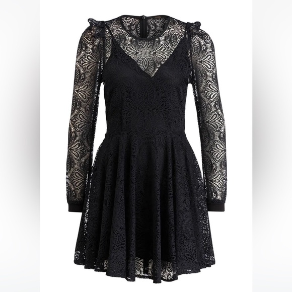 Maje Black puff sleeve lace dress with camisole lining with adjustable straps. - Picture 8 of 8